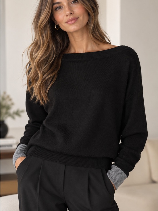 BCBG Sweaters - BCBG 100% Cashmere Black Boat neck Sweater with Gray Cuff Detail